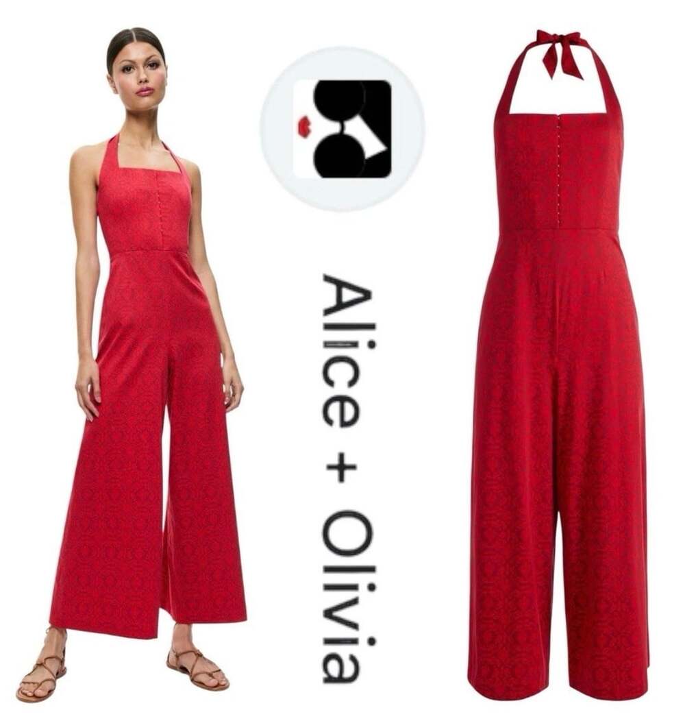 Alice + Olivia Aida Red Damask Print Wide Leg Halter Jumpsuit